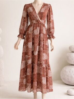 Pink Lilly Floral | Paisley Patchwork Print Maxi Dress - V-Neck Long Sleeve